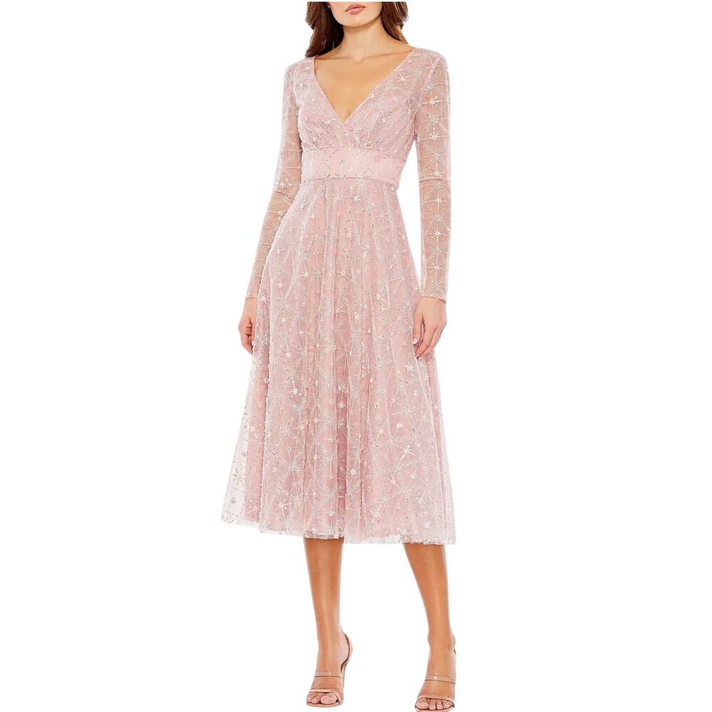 Mac Duggal 68003 Pink Cocktail Dress Sequined Long Sleeve A-Line Midi Size 18